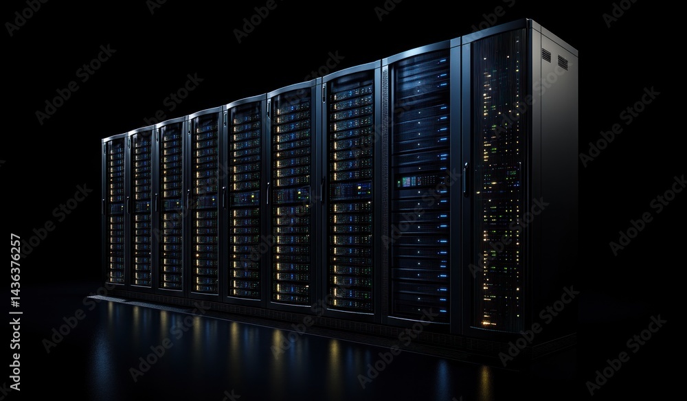 Poster dark row of server racks illuminated by internal lights.