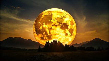 Majestic Full Yellow Moon Illuminating Dark Night Sky, Dramatic Landscape Photography