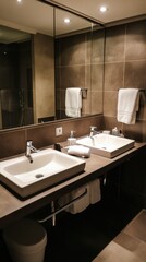 Double vanity in hotel room with modern sinks, mirror, and towel, providing a comfortable and convenient space for personal hygiene
