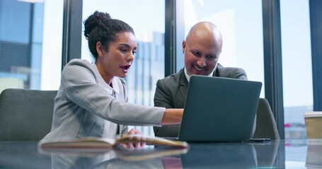 Coaching, laptop and meeting with business people in office for corporate treasurer, company liquidity and investment. Portfolio manager, planning and capital funds with employees in financial firm