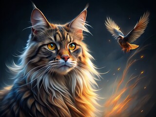 Majestic Maine Coon Cat & Bird in Flight - Low Light Illustrative Art Print