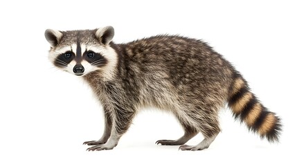 Fototapeta premium Standing Raccoon in Profile Looking at the Camera Isolated on White