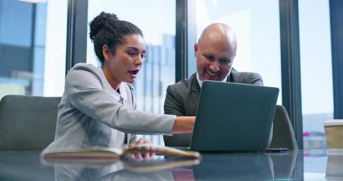 Coaching, laptop and meeting with business people in office for corporate treasurer, company liquidity and investment. Portfolio manager, planning and capital funds with employees in financial firm