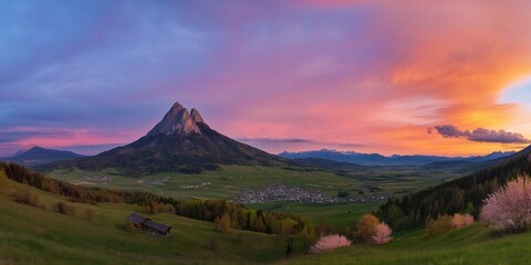 Naklejka premium Happy woman standing with her back on sunset in nature . Panoramic view of a colorful sunset created by ai