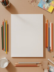 a4 coloring book empty mockup on a desk, coloring pencils and children stationary on the table