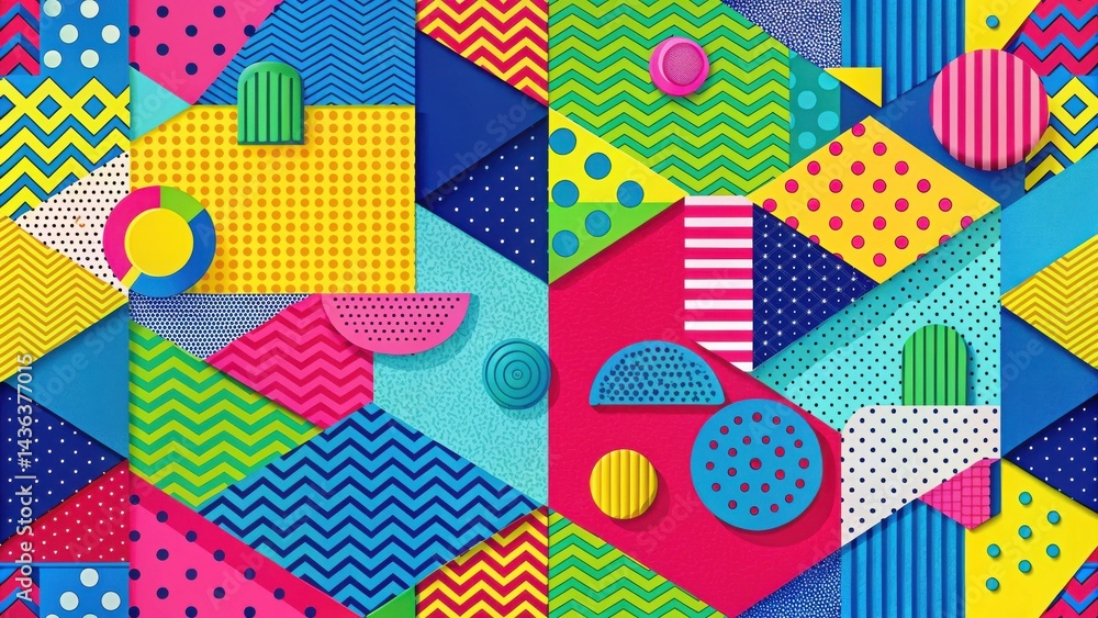 Poster vibrant geometric abstract composition featuring bold colors and shapes in a playful and energetic d