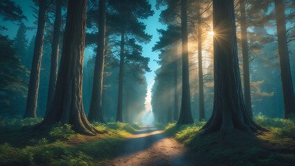 Obraz premium Forest Trail with Sunlight Beams