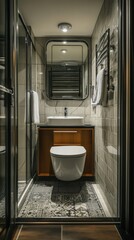 Compact bathroom interior with white fixtures, sink basin, mirrored cabinet, and grey tiling, creating a modern, streamlined space