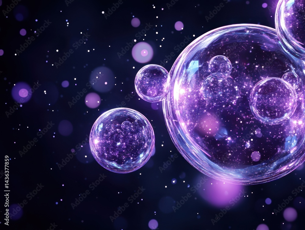Poster shimmering orbs float in a dark space, filled with tiny sparkling lights, creating a cosmic, etherea