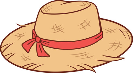 Premium Straw Hat Vector Illustration Featuring a Vibrant Red Ribbon – Essential for Trendy Summer, Beach, and Outdoor Creative Designs