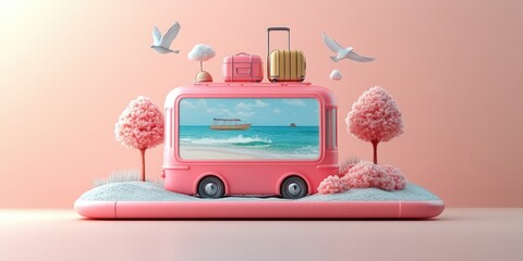 Obraz premium Playful pink vehicle vacation scene on a digital platform