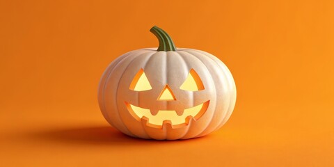 Fototapeta premium Illuminated White Pumpkin Jack-o'-lantern on Orange Background, 3D Render, Halloween, Festive Halloween, Jack-o'-lantern