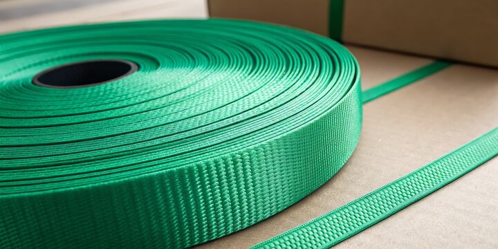 Green Polypropylene Strapping Roll Close-up Texture, Packaging Concept, Industrial Material polypropylene strapping, packaging material