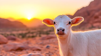 Obraz premium A white calf gazes directly at the camera, bathed in the golden light of a desert sunset