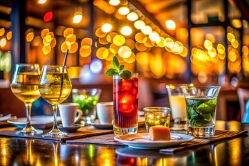 Miniature Glasses & Drinks: Charming Restaurant Scene, Tilt-Shift Photography