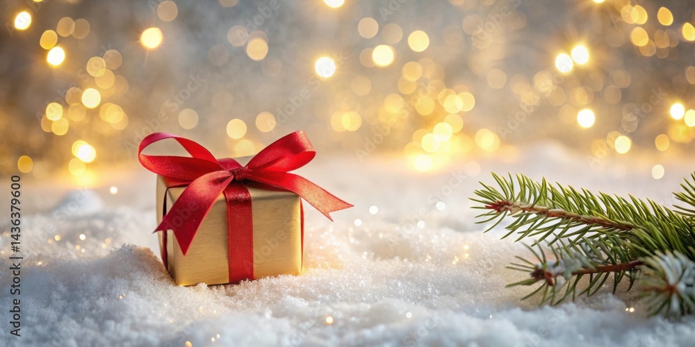 Aufkleber a gold gift box adorned with a vibrant red ribbon sits nestled in a bed of pristine snow, illuminate