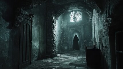 Obraz premium Mysterious cloaked figure standing in an ancient hall with a dark ambiance