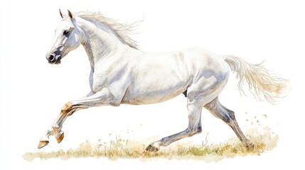 White Horse in Motion, Watercolor Style, Running on Field