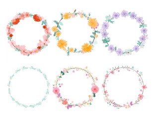 Cute flower wreath frame set, vector illustration on a white background, pastel colors, cute style,