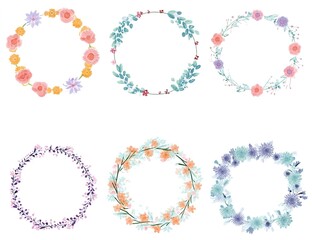 Cute flower wreath frame set, vector illustration on a white background, pastel colors, cute style,