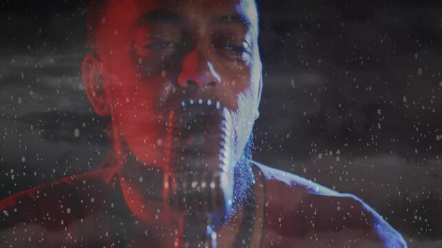 male singer singing into vintage microphone, using raindrop overlay, boosting music production