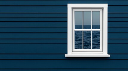 Fototapeta premium White Framed Window Reflecting a Calm Ocean on a Blue Textured Wall, Peaceful Seascape View.