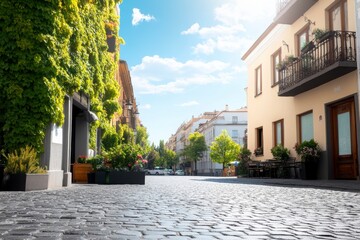 Charming Cobblestone Street Surrounded by Lush Greenery in Daylight