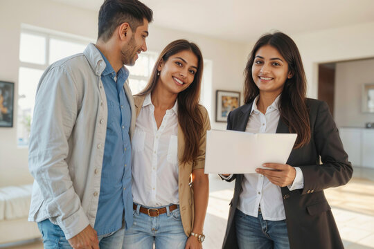 Happy Indian couple with real-estate agent visiting house for rent - Powered by Adobe