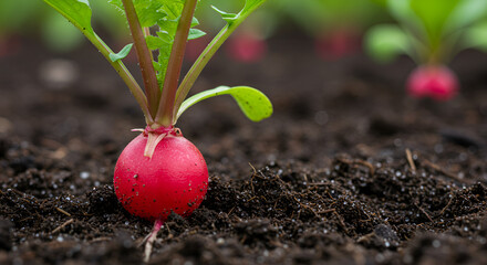 A Single Radish Plant With Its Vibrant Red Root Emerging From The Soil