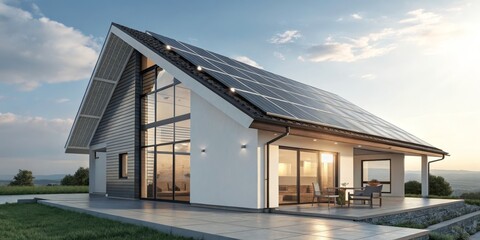 Fototapeta premium Modern Solar House A-Frame Design, 3D Rendering, Sustainable Home, Eco-Friendly Architecture, Solar Panels Sustainable Architecture, Eco-Friendly Design