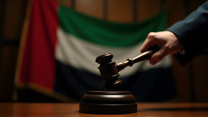 A cinematic courtroom scene with a judge's gavel in motion, set against a blurred UAE flag. Dramatic lighting and oak paneling highlight judicial authority, captured with a 50mm lens for a professiona