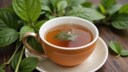 Herbal Tea Cup with Fresh Green Leaves, Hot Drink for Health and Wellness