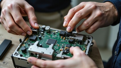 e-waste recycling circuit boards reuse. Two hands are assembling or repairing a circuit board, highlighting technical skills and electronics.