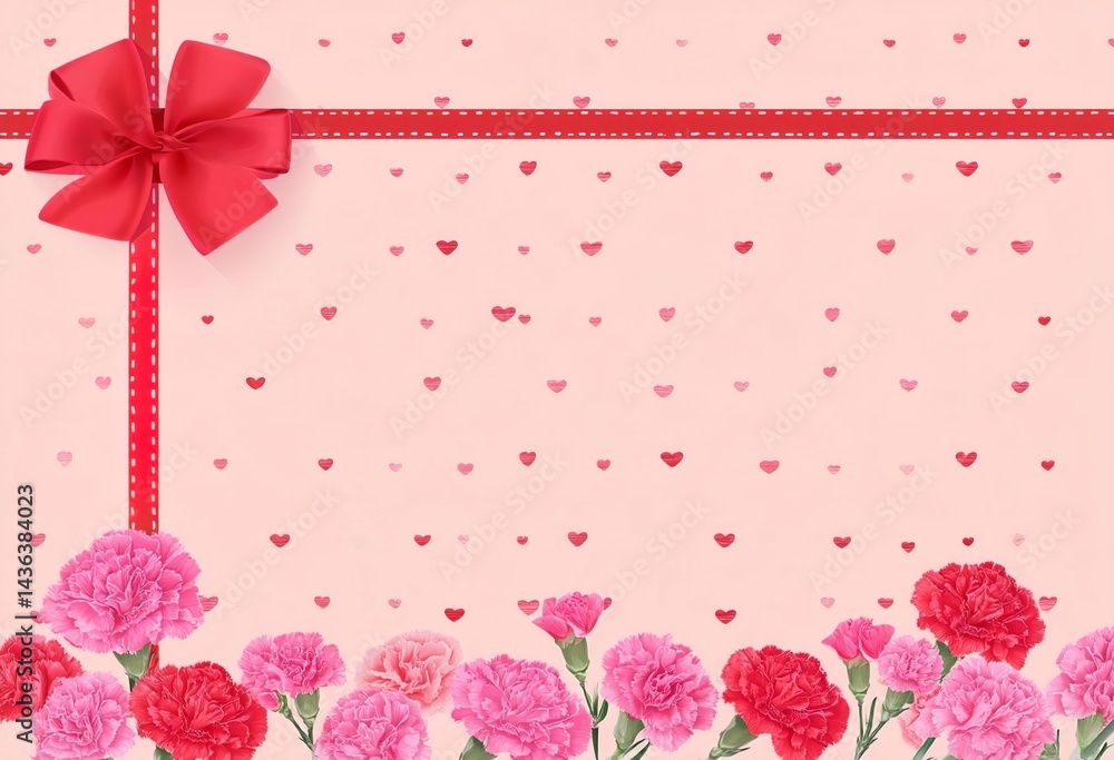 Poster pink background with a red ribbon and a border of pink carnations, a heart pattern and dots in the
