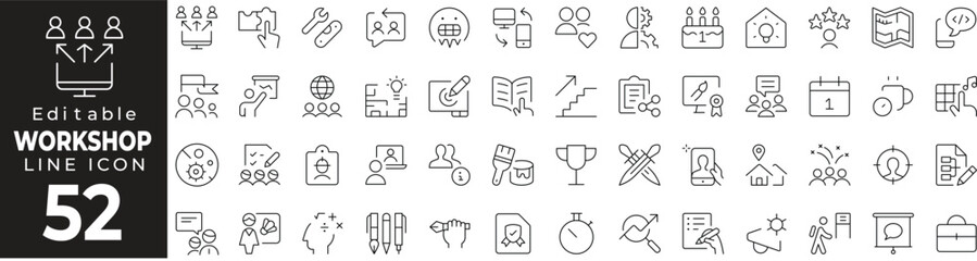 Workshop Icon Set: A Line Icon Collection Featuring Training, Seminar, Group Discussion, Learning, and More
