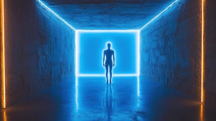Neon Silhouette: A Figure Stands in a Glowing Blue Corridor