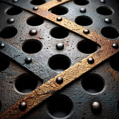 Closeup of corroded metal grid with riveted details macro