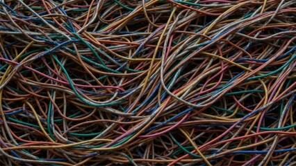 e-waste recycling circuit boards reuse. A dense network of intertwined wires showcasing various colors and textures, creating an intricate visual pattern.