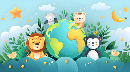 Naklejka premium Adorable cartoon animals embracing earth in a whimsical celestial landscape