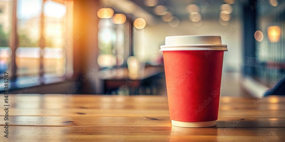 Poster a red disposable cup sits on a wooden table in a cafe, sunlight streaming through the windows behind