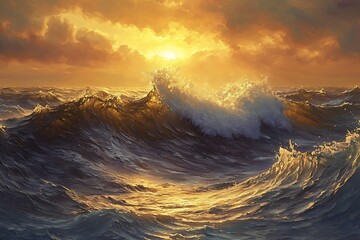 A powerful ocean swell painted with rich textures, its foam cresting against a golden sunset.