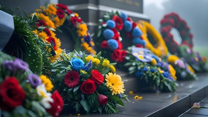 Naklejka premium Close-Up of Colorful Wreaths at War Memorial on Misty Morning