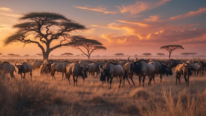 Wildebeest Herd at Sunrise in Savannah