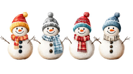 Collection of Cheerful snowmen wearing hats on white background