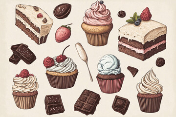 Charming drawing of a set of desserts: cakes, cupcakes, ice cream and chocolates on a light background