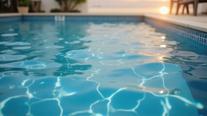 Swimming Pool with Crystal Clear Water Reflecting Sunlight at Sunset, Relaxation and Summer Vacation Concept