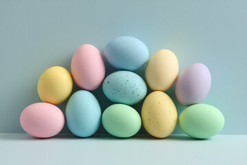 A row of colorful eggs are stacked on top of each other