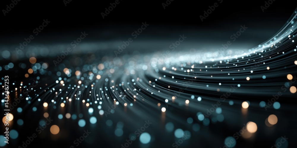 Poster bright and flowing light patterns create a dynamic visual display with a blend of colors in a dark b