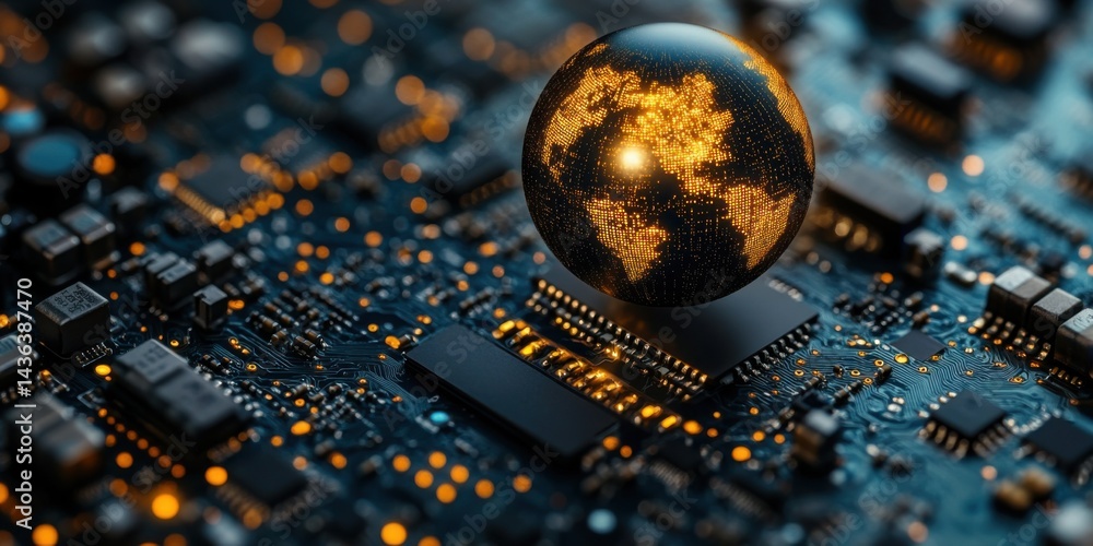 Poster digital globe rests on circuit board symbolizing global technology and innovation in modern electron