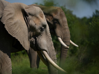 Two Asian Elephants Walking Through a Green Forest.